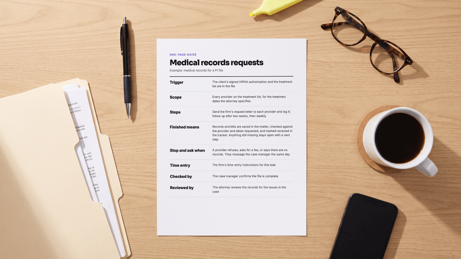 A printed one-page handover guide for medical records requests, next to a personal injury case file.