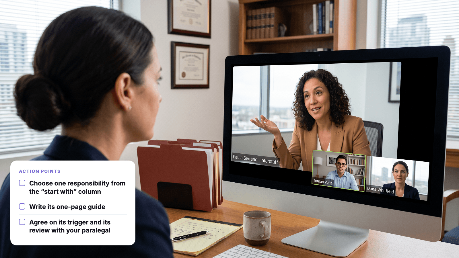 A video check-in between an attorney, a remote paralegal and Interstaff's talent manager, with written action points.